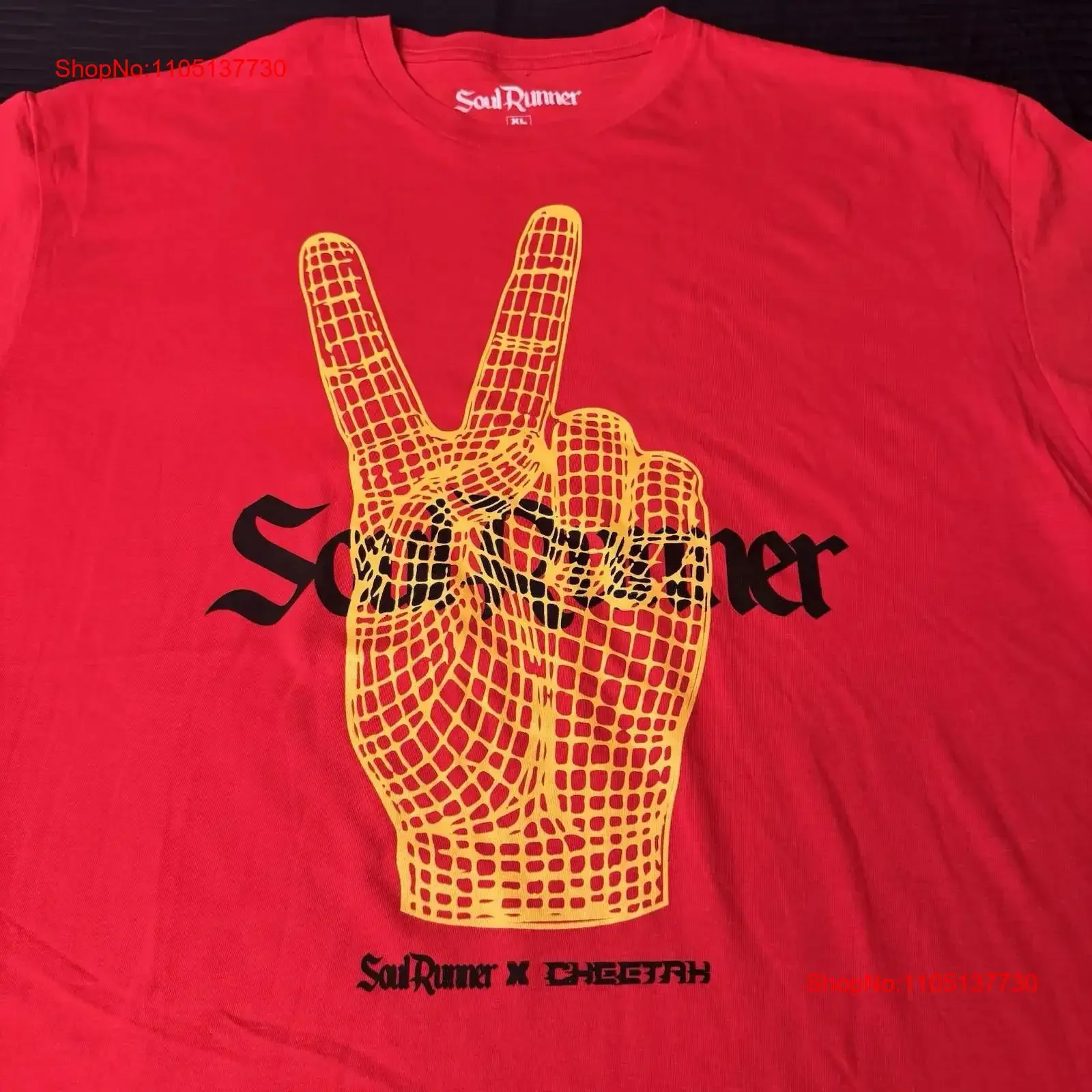 تي شيرت Soul Runner x CHEETAH colab لا يوجد اختبار لتمرير مقاس XL علامة السلام عتيقة مغسولة ممتدة قليلاً ومتعددة الاستخدامات