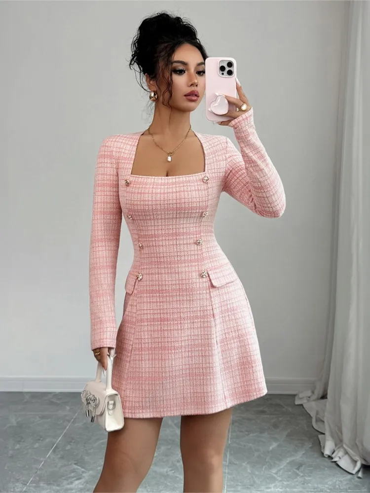 

Elegant Square Collar Long Sleeve Dress For Women Fashion Autumn Winter Plaid Casual Waist-hugging Party Dresses Female