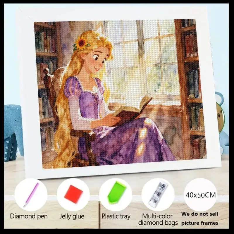 

1PC 5D DIY Full Drill Diamond Painting Kit, Charming Rapunzel Reading in Sunlit Library Scene, Disney Princess Cartoon Crystal G