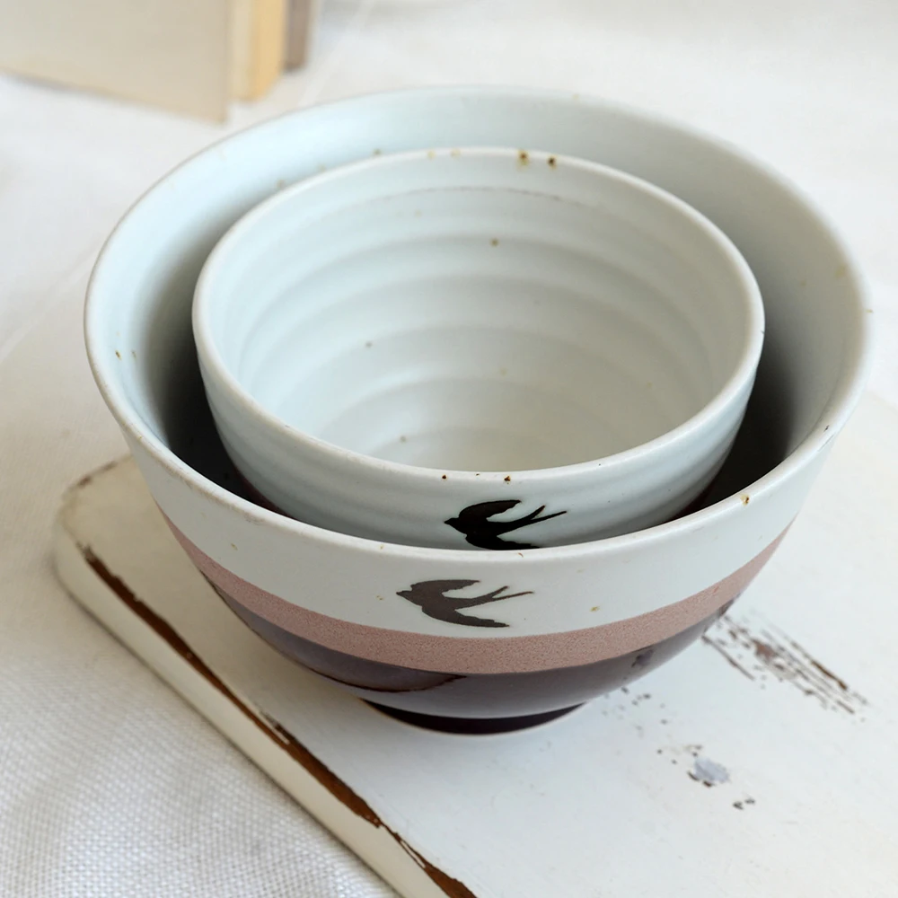 Fish Bird Pattern Color Block Ceramic Bowl Bamboo Hat Shape Rice Bowl Simple Style Salad Bowl Soup Dish for Home Tableware