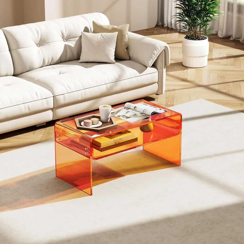 Meja Kopi Persegi Panjang Akrilik Transparan dengan Rak Penyimpanan Terbuka untuk Ruang Tamu dalam Warna Oranye
