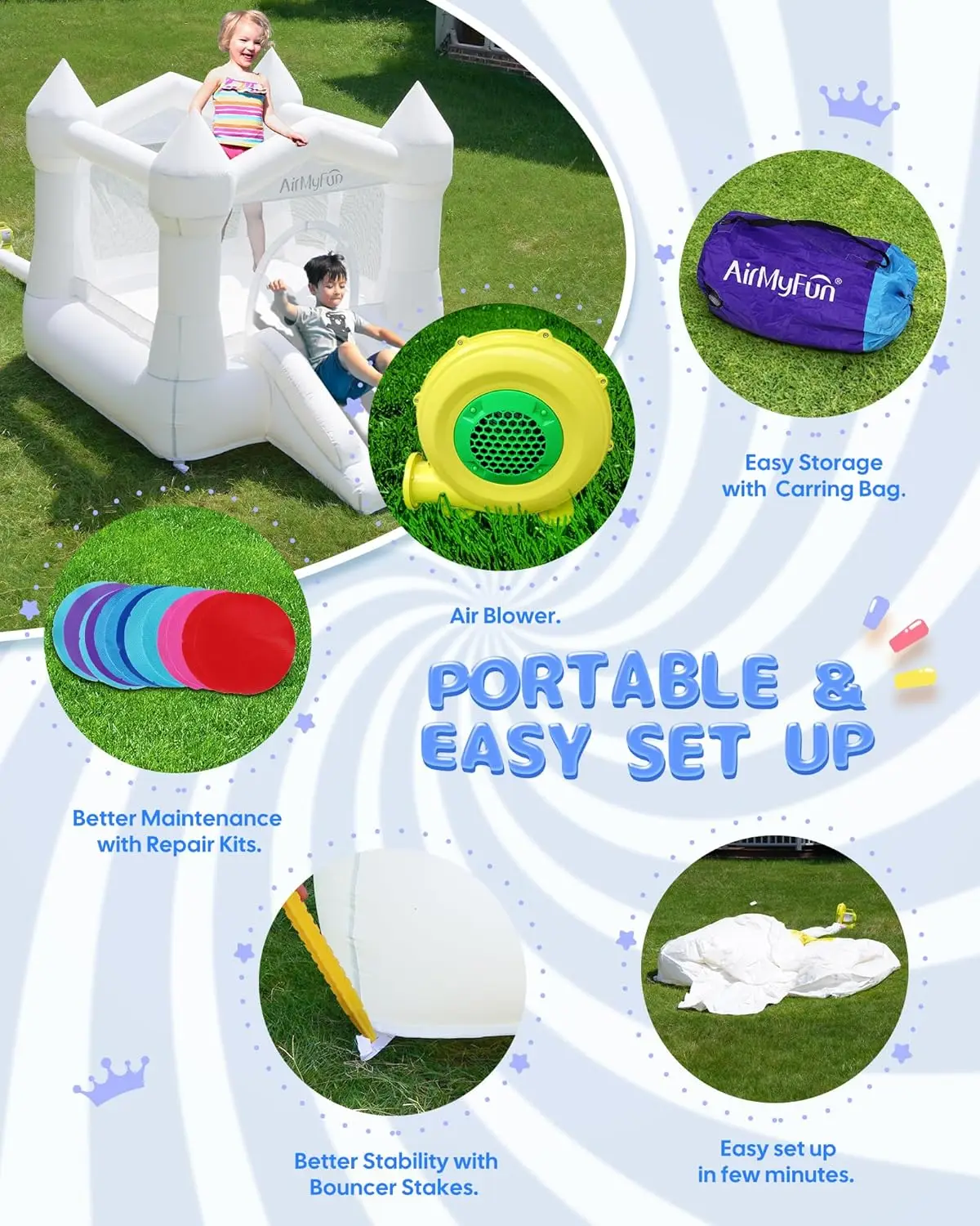 Casa de rebote blanca para niños de 3 a 8 años, casa de rebote con tobogán, casa de rebote inflable para interiores y exteriores con soplador de aire, castillo de salto