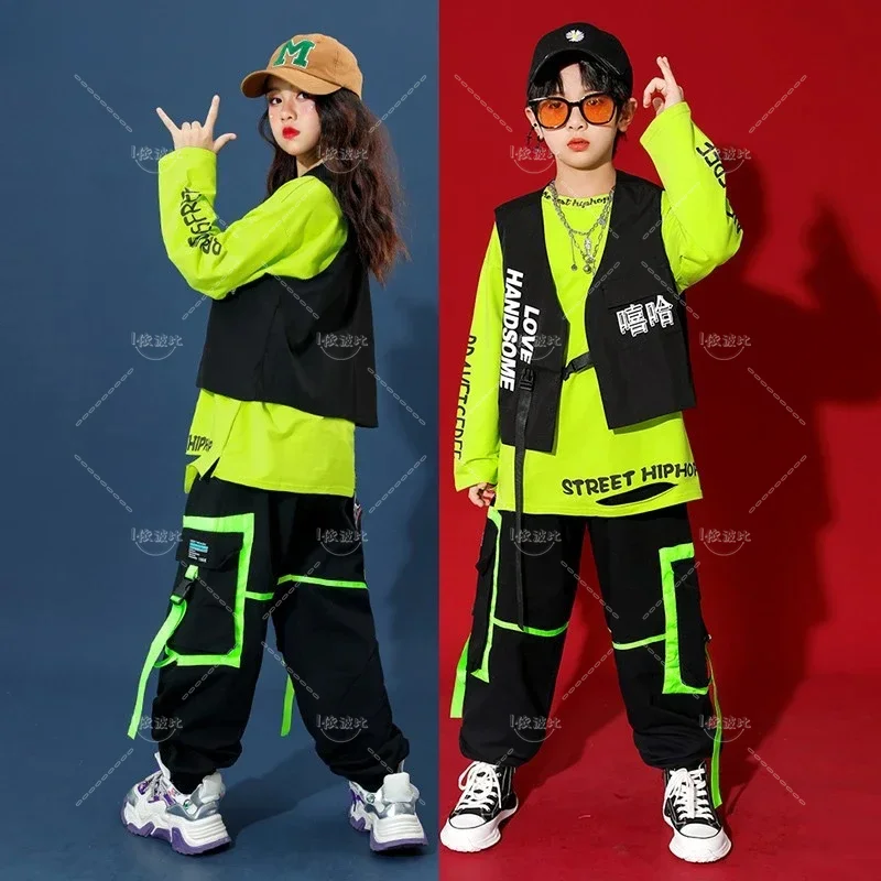 Ragazze Streetwear ragazzi Hip Hop gilet felpa pantaloni Cargo bambini Street Dance Caps set di vestiti bambino Jazz abiti costumi Cool