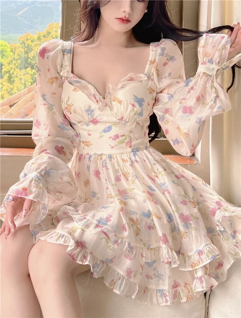 Vestidos de verano para mujer, Vestido dulce de gasa para mujer con cuello en V, bata Floral de manga larga, Túnica femenina, Vestido coreano con volantes a la moda