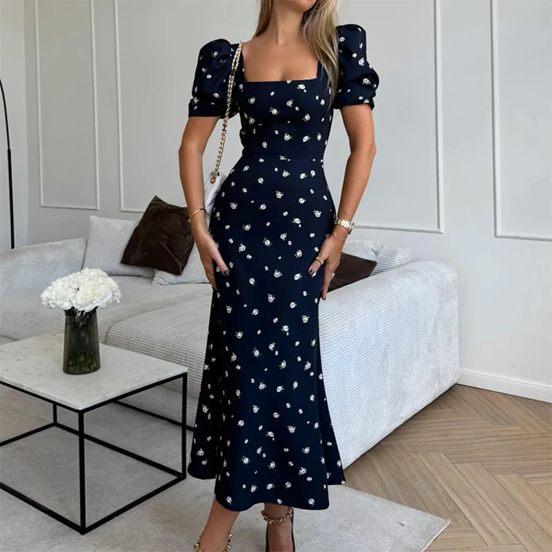 

Trendix Flower Print Midi Dress Women Street Casual High Waist Short Sleeve Dresses Party Rerto Elegant Evening Long Dress 2026
