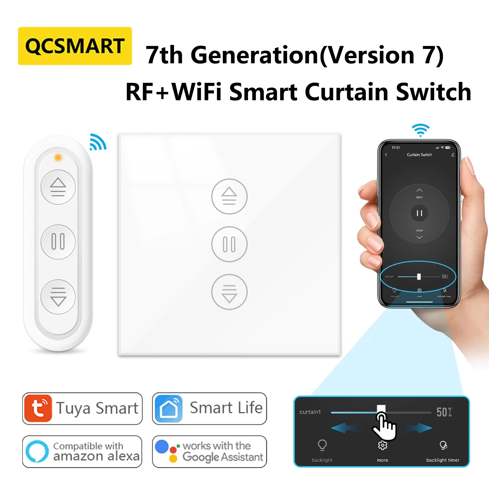 QCSMART Tuya Curtain Switch for Roller Shutter Blinds Percentage Remote Control Voice Operation Google Home Alexa