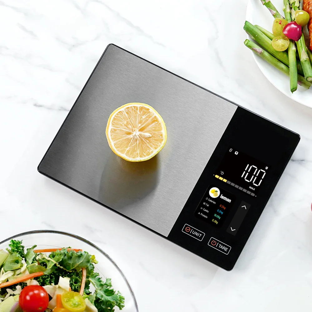 Track your food nutrition right on the scale screen! Smart Bluetooth kitchen scale for weight loss & healthy diet.