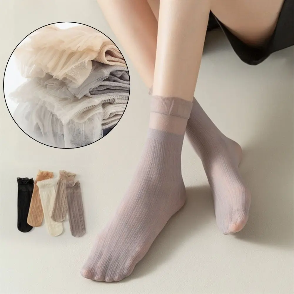 

Kawaii Lolita Summer Women Socks Ultra-thin Hollow Out Lace Ruffle Socks Elastic Transparent Mesh Socks For Female Ladies