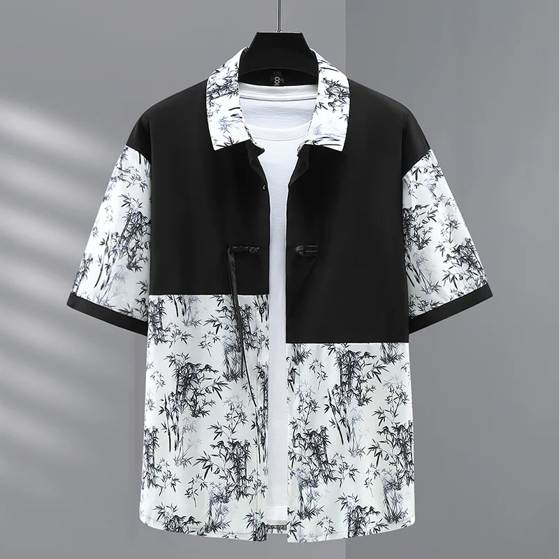 

Summer Plus Size New Chinese Style Man Loose Splicing Trendy Handsome Shirt Large Plate Button 11XL 12XL shirts 170kg