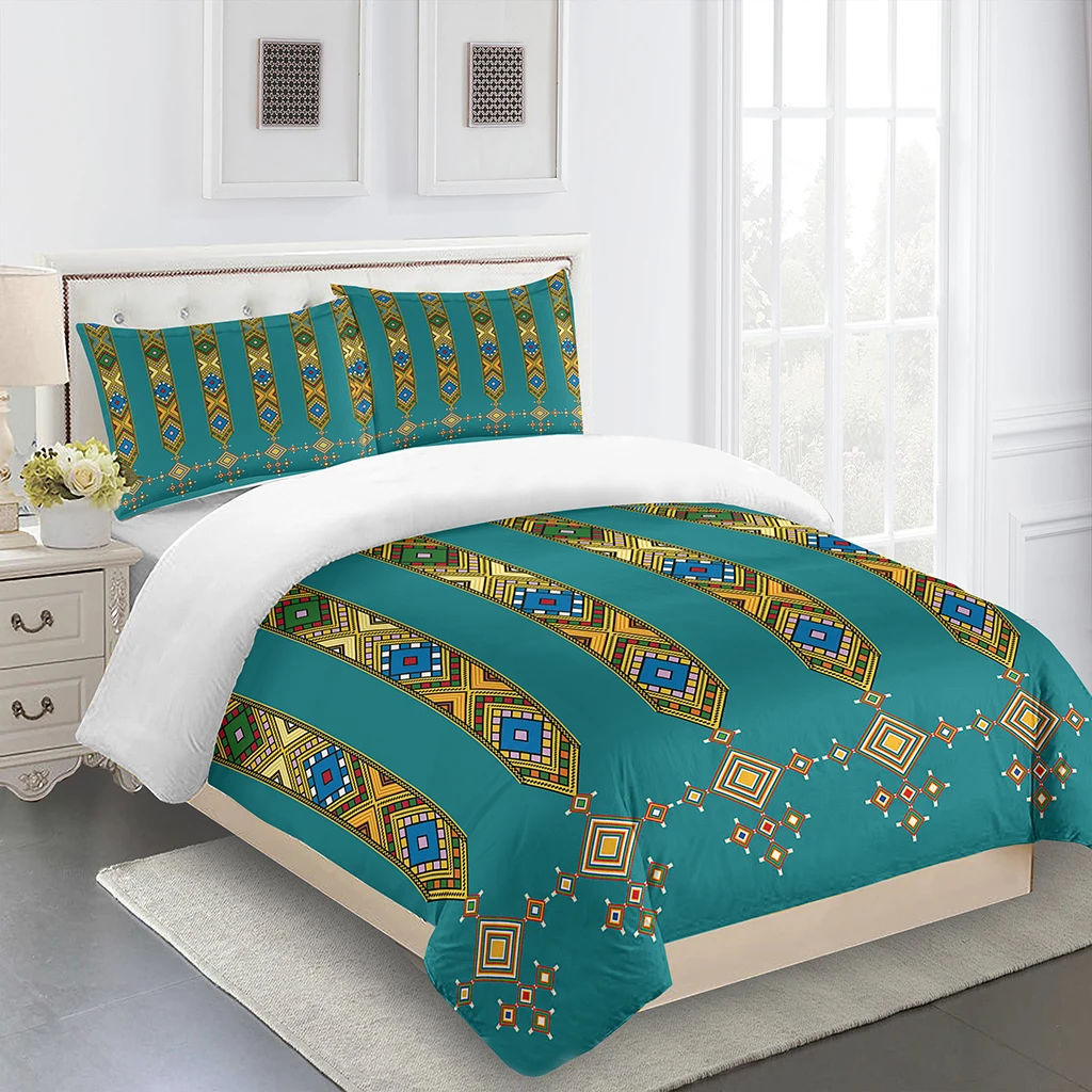 Luxury Bohemian Style Turquoise Gold Stripe Bed Set Of Three European Moroccan Style Bedding One Duvet Cover 2 Pillowcases