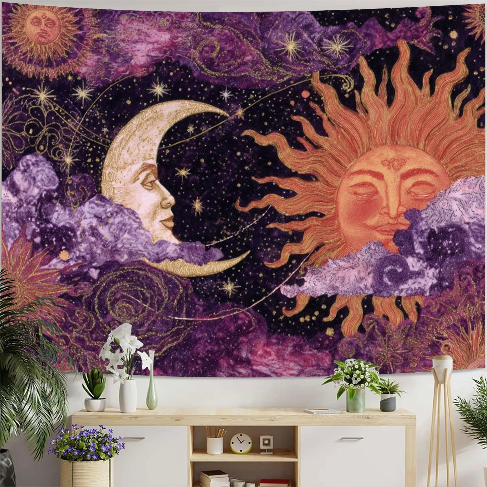 Sun Moon Face Tapestry, Vintage Celestial Sun Crescent Moon Purple Starry Cloud Sky Art Wall Tapestry Bedroom Living Room Decor