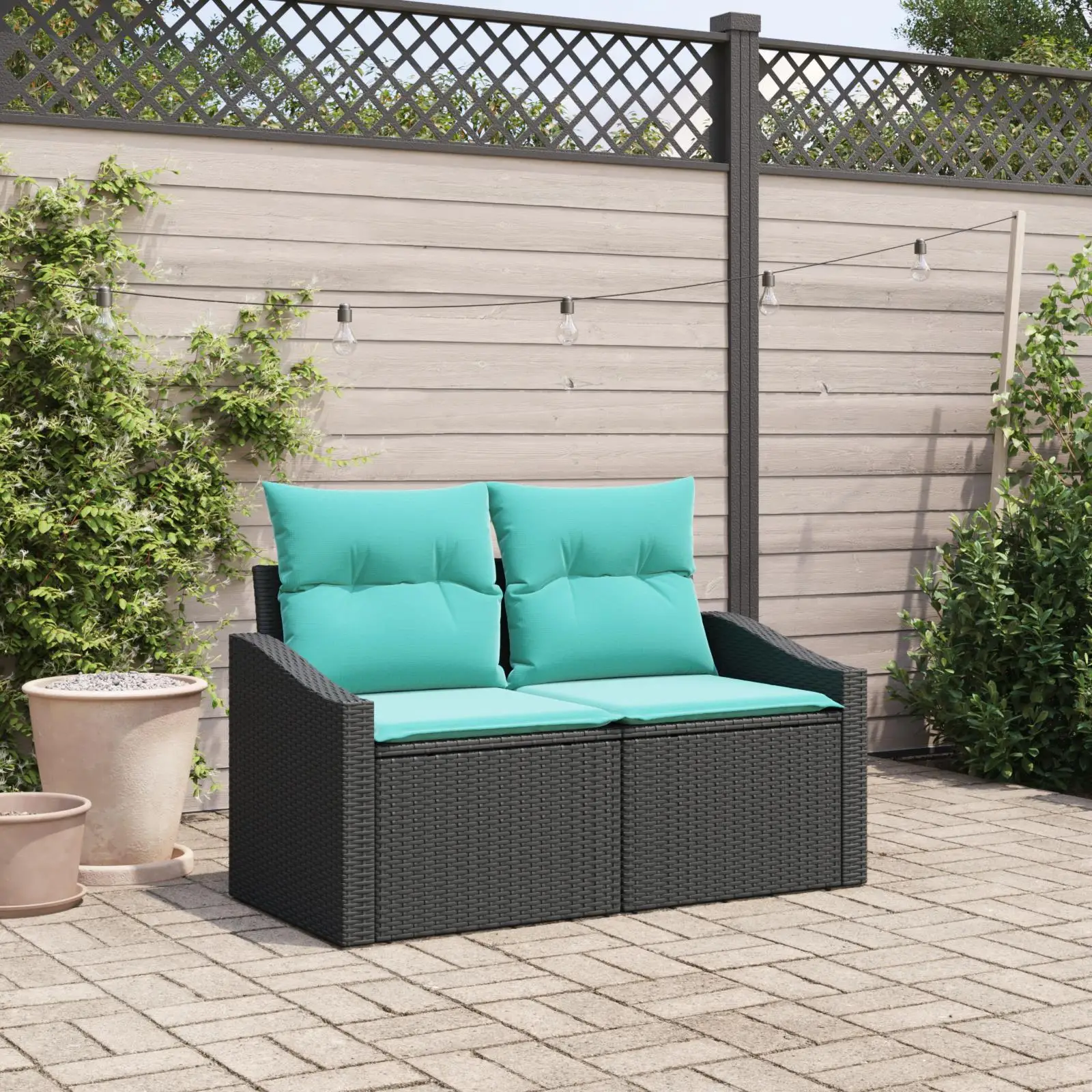 

Comfortable 2-Seater Outdoor Sofa with Storage Cushions Black Poly Rattan Furniture