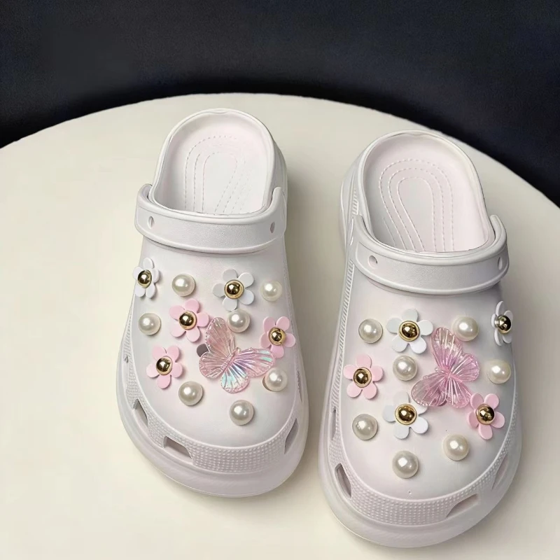 Hot Sales Shoe Charm Pins DIY Pink Butterfly Pearl Chain Flower Handicrafts Detachable Buckle Charms Hole Shoes Accessories