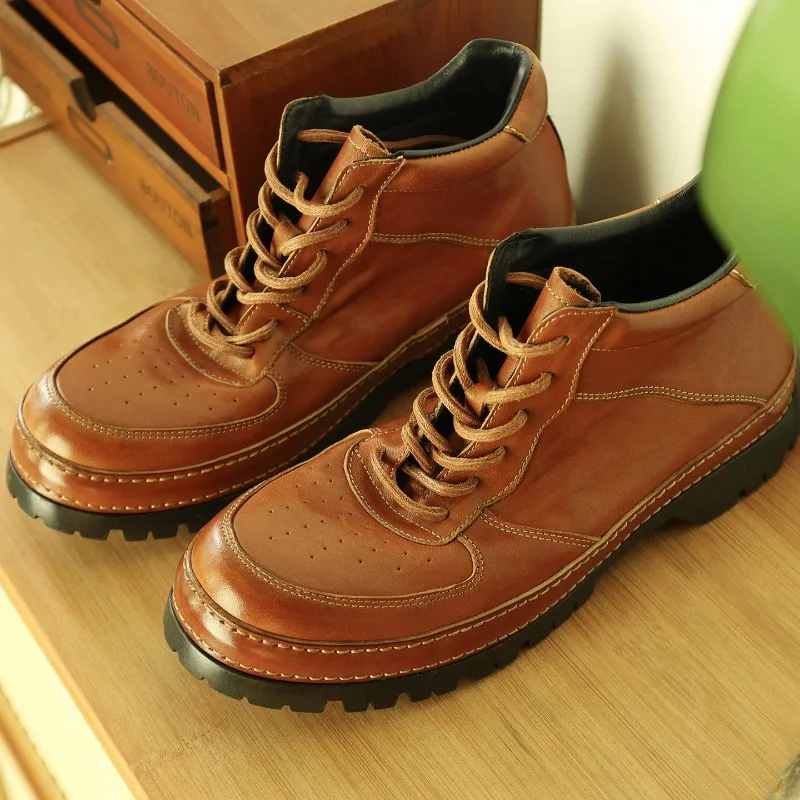 American Retro Horsehide Round Toe High Top Shoes Men's Fashion Genuine Leather  Lace Up Work Chelsea Motorcycle Boots Male