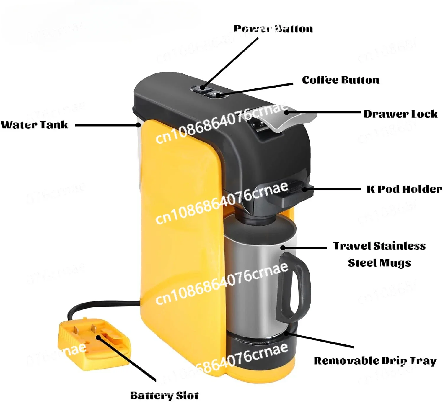 Cordless Coffee Maker for 20V Max Battery(No Battery)Single-Serve Brewer Coffee Machine for K-Cup Pods and Ground Coffee