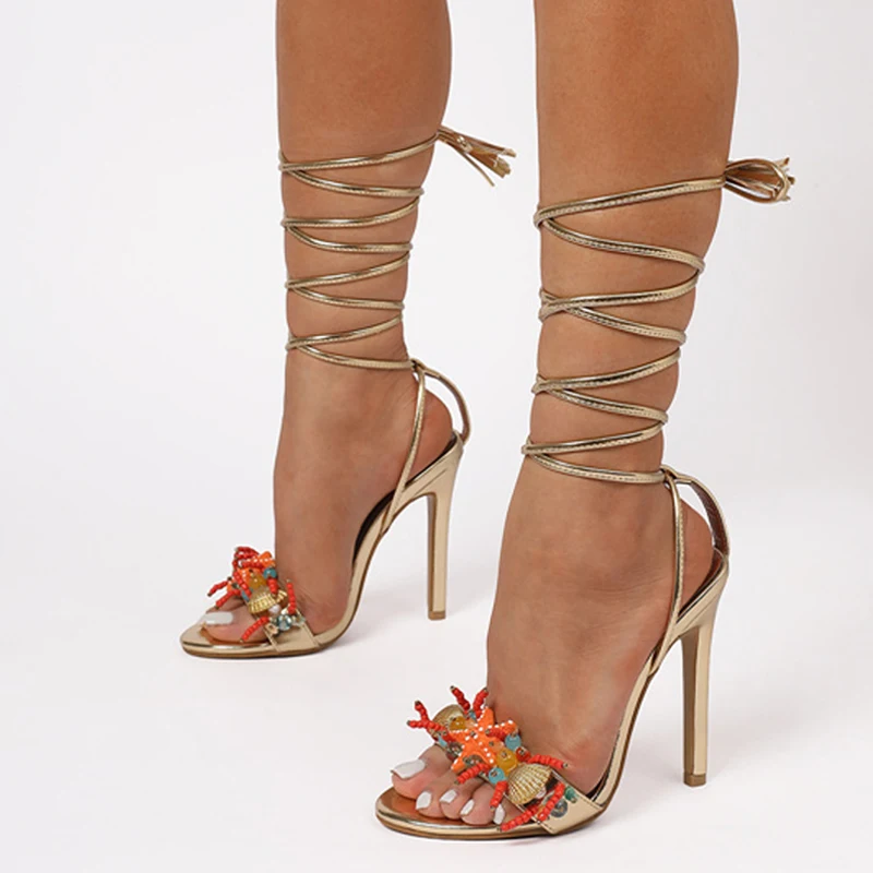 Liyke Fashion Design  String Bead Starfish Shells Coral Gold Sandals Women Sexy Tassels Ankle Strap High Heels Party Prom Shoes view 4