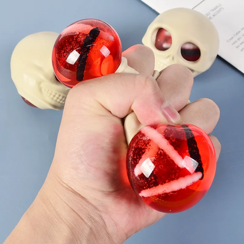 ของเล่นบีบฮาโลวีนสุดฮา ทำจาก TPR ยืดหยุ่น บีบแล้วคืนรูปเร็ว รูปทรงหัวโครงกระดูก น่ารักแบบตลก ตาโปน ของเล่นแกล้งเพื่อนในวันฮาโลวีน