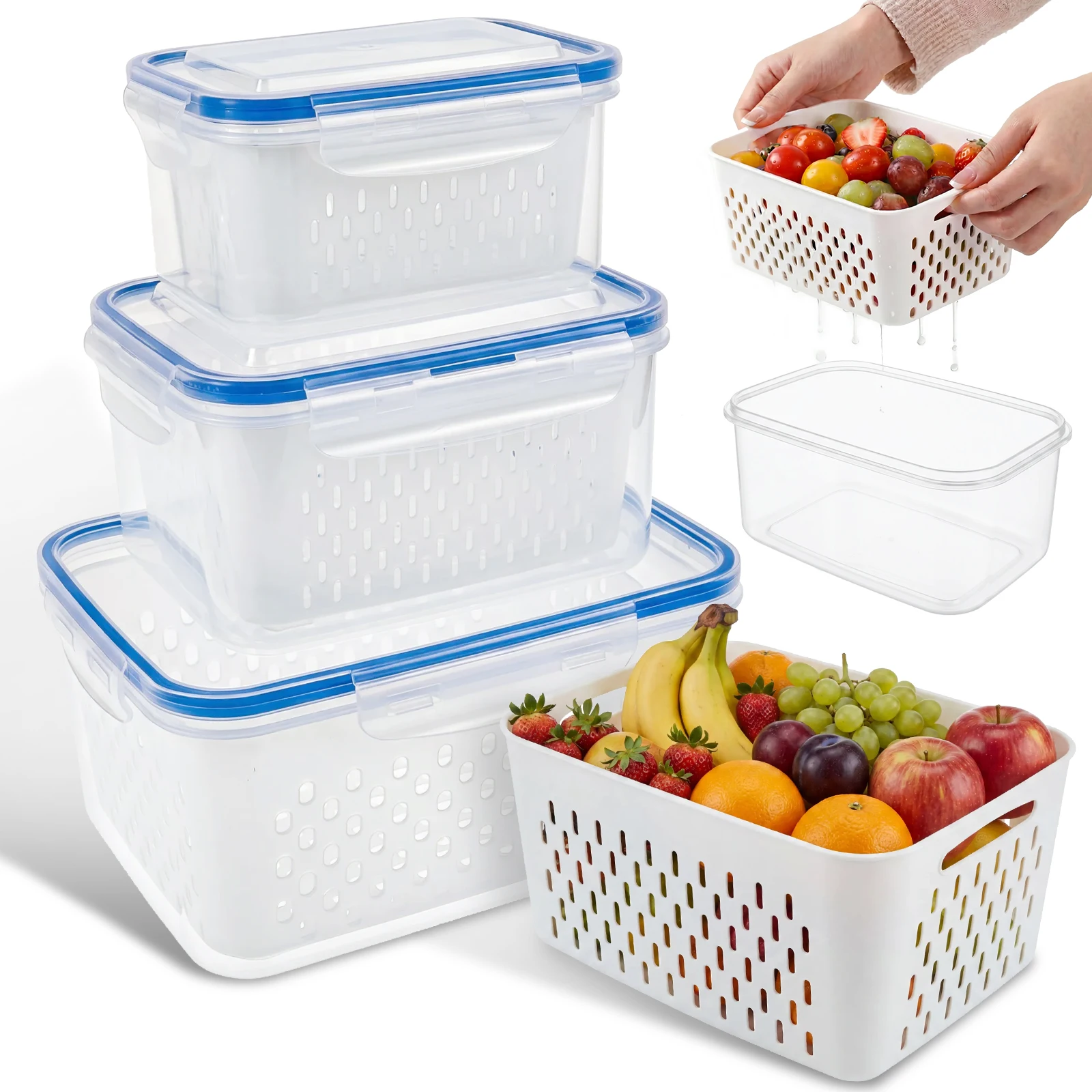 3-teiliges Set Kühlschrank-Aufbewahrungsboxen, Frischhaltebehälter für Gemüse und Obst, Abtropfkorb, Kühlschrank-Fleisch-Frischhaltebehälter, Küchenorganizer