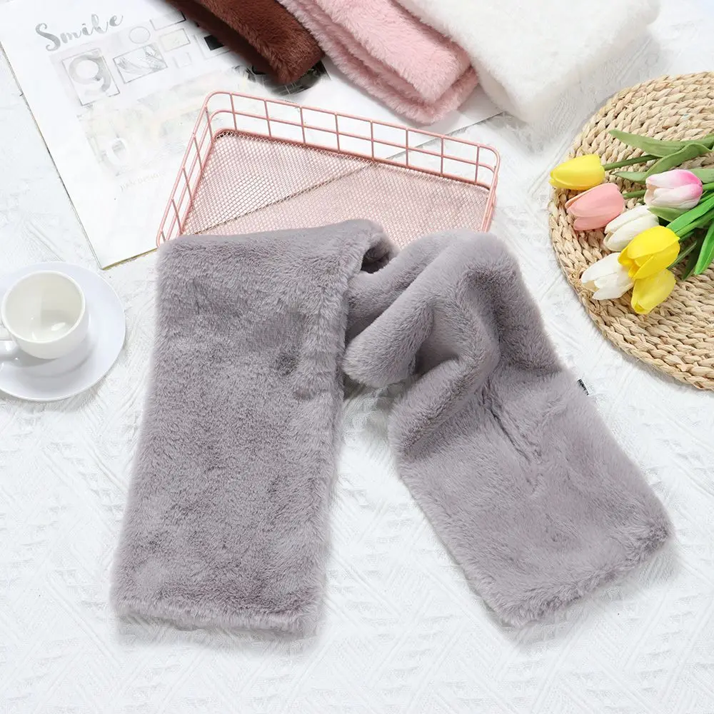 Women Winter Warm Thicken Cross Collar Scarf  Solid Color Faux Rabbit Fur Plush Elegant Shawl Scarfs