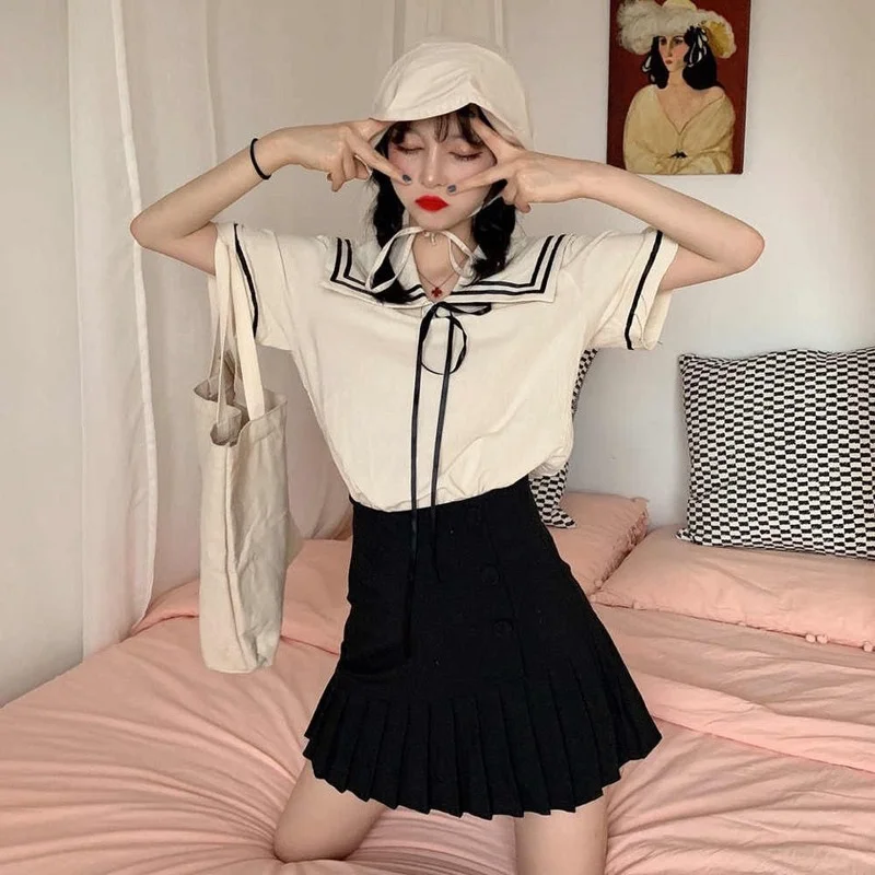 Short Sleeve T-shirts Women Sailor Collars Sweet Preppy Cute Fashion Korean Tops Summer Girls Футболка Женский All-match Chic