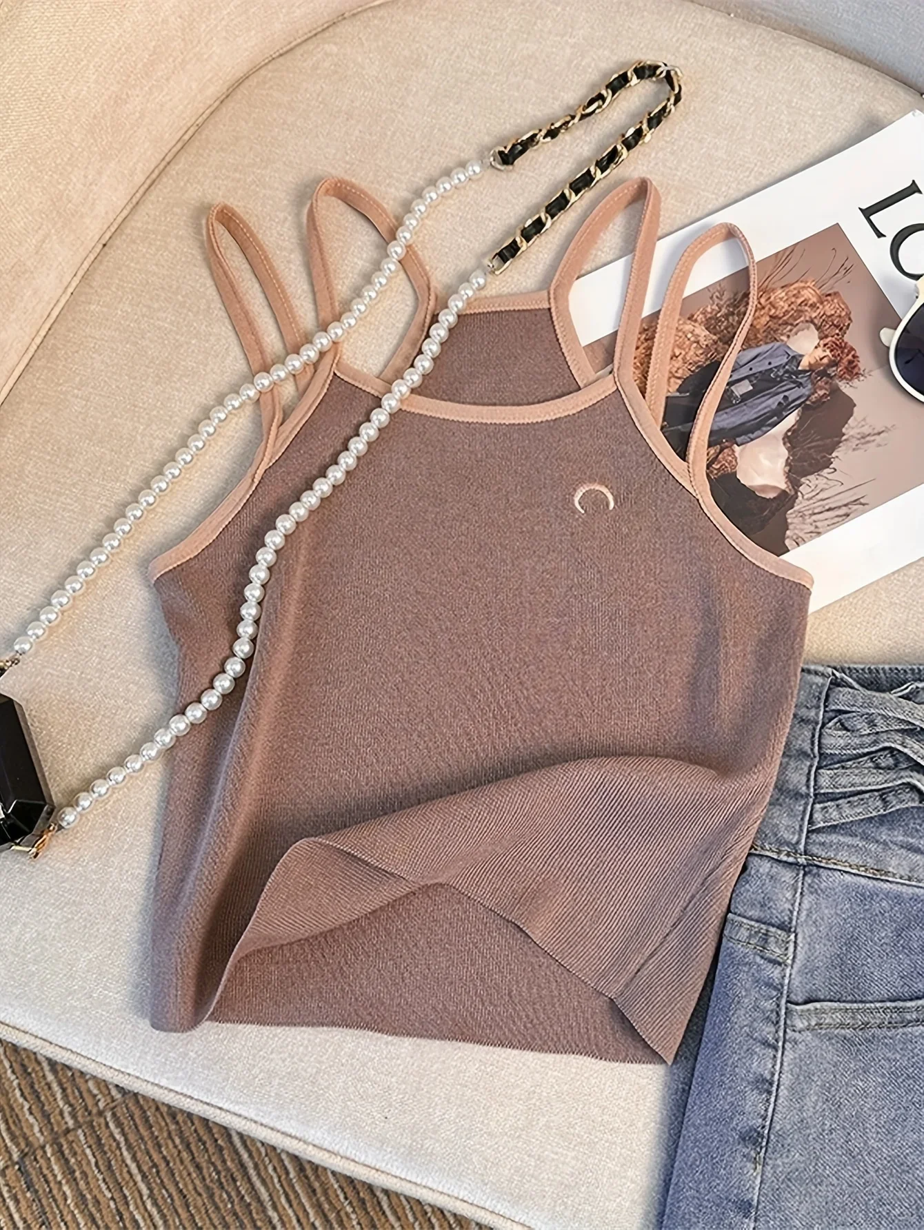 Contrast Color top con doble correa para el hombro verano casual camisola sin mangas Top corto para ropa de mujer