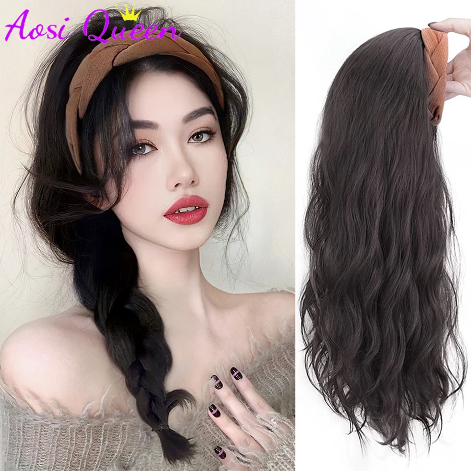 AOSI Synthetic Long Curly Hair With Brown Twist Hair Hoop Wig Forest Style All-in-one Detachable Long Curly Hair Wig For Women