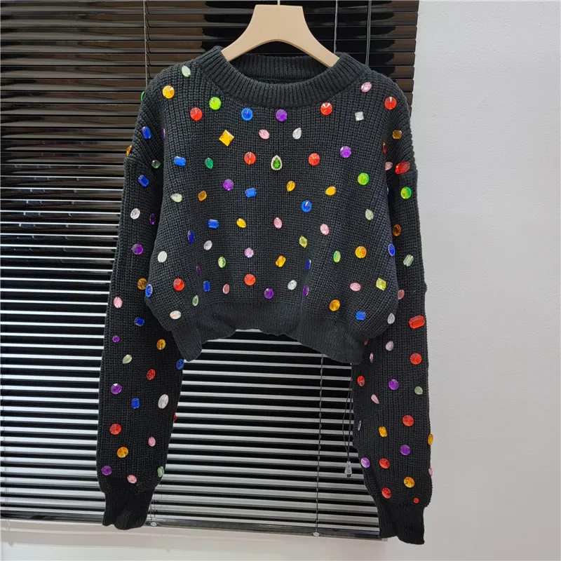 Spring Autumn Rainbow Diamonds Beaded Pullovers Crystal Knitted Sweater Rhinestones Knitwear Gemstones High Waist Jumpers Jersey