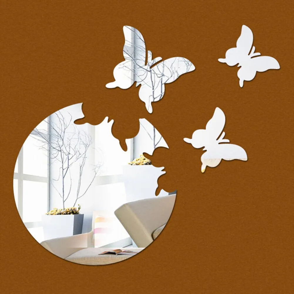 Useful Wall Stickers Acrylic Bedroom Butterfly shaped Decoration Home Living room Mirror Set Silver Wall Sticker