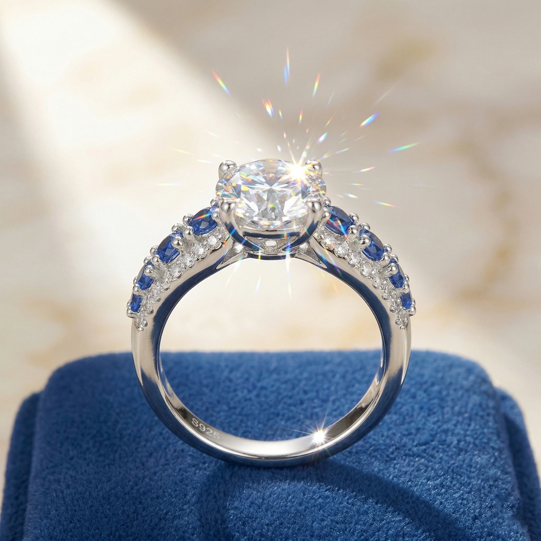 

Moissanite Ring, 925 Silver, D Color VVS1, 3ct Sapphire Side Stones, Engagement Jewelry, Women's, Pass Diamond Tester