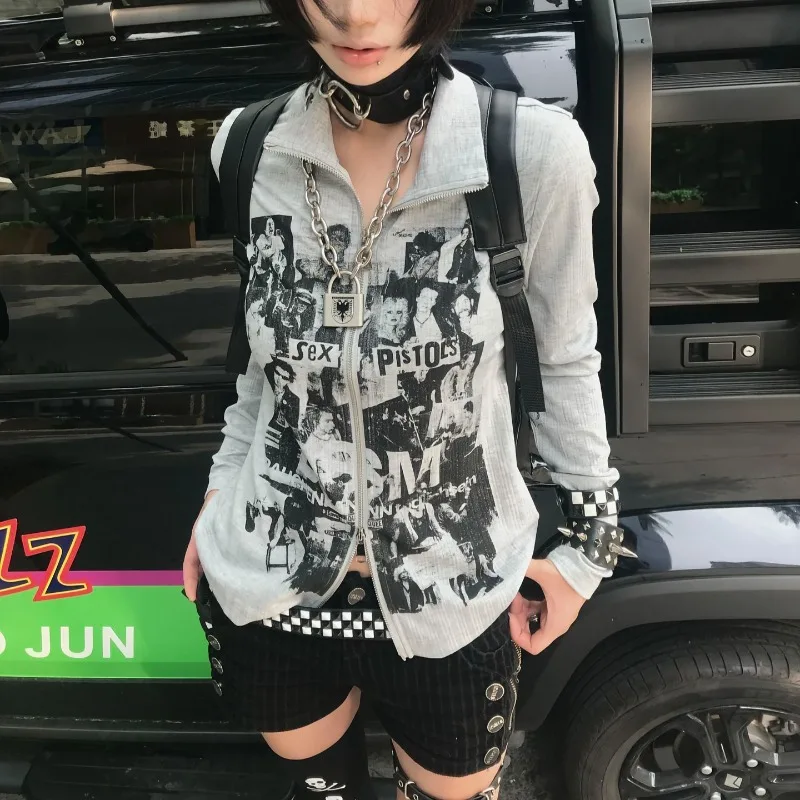 

Stand Collar Zipper Casual Thread Long-sleeved T-shirt Women 2025 Autumn New Streetwear Character Print Slim Gary Tops