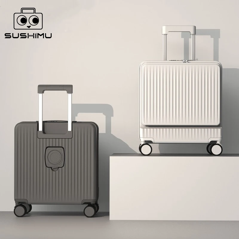 SUSHIMU Boarding-friendly front-opening luggage, trolley suitcases for both men and women, 18-inch silent aluminum-frame