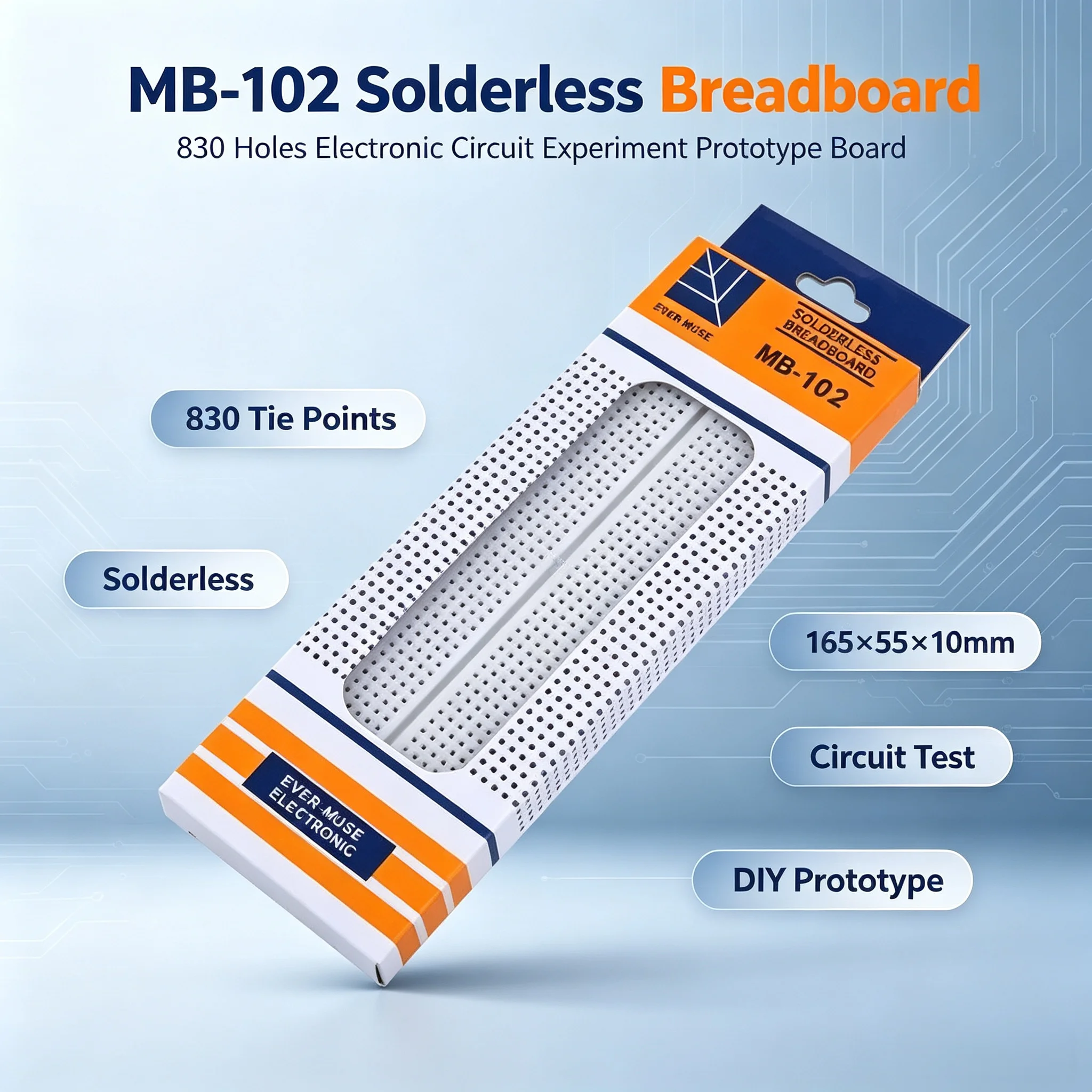 MB-102 Solderless Breadboard 830 Tie Points Circuit Test Board 165×55×10mm DIY Electronic Experiment Protoboard for Student Circ