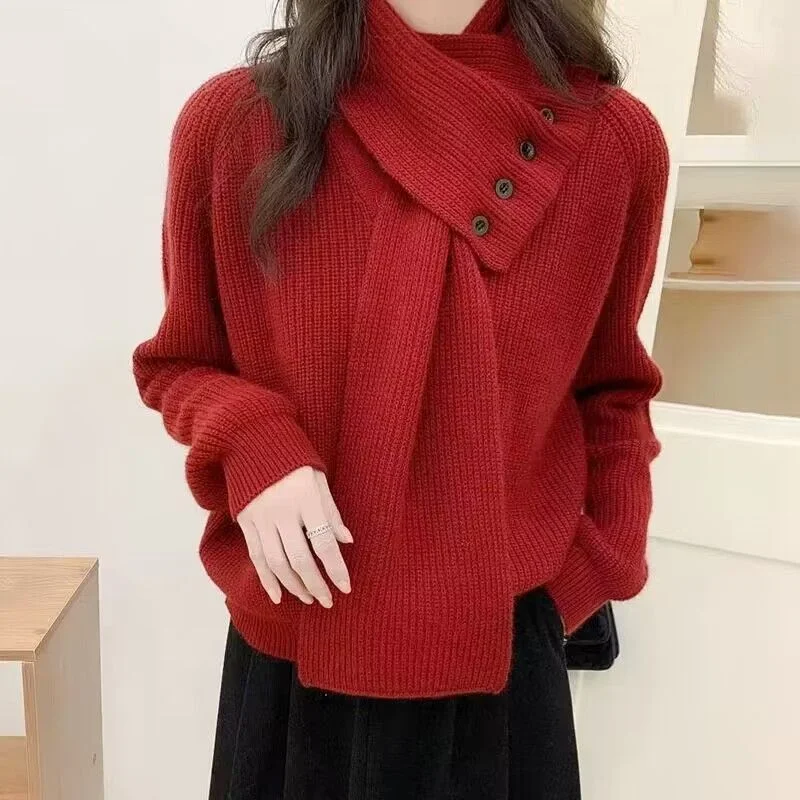 

Korean Scarf Autumn Winter New Scarf Design Unique Soft Red Lazy Knitted Pullover Sweater Top