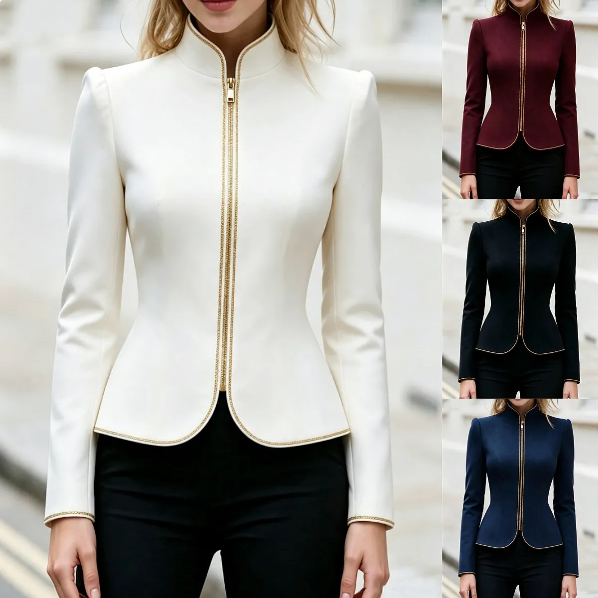 Women Stand Collar Zip Up Blouse Tops Gold Trim Slim Fit Short Coat Spring Summer
