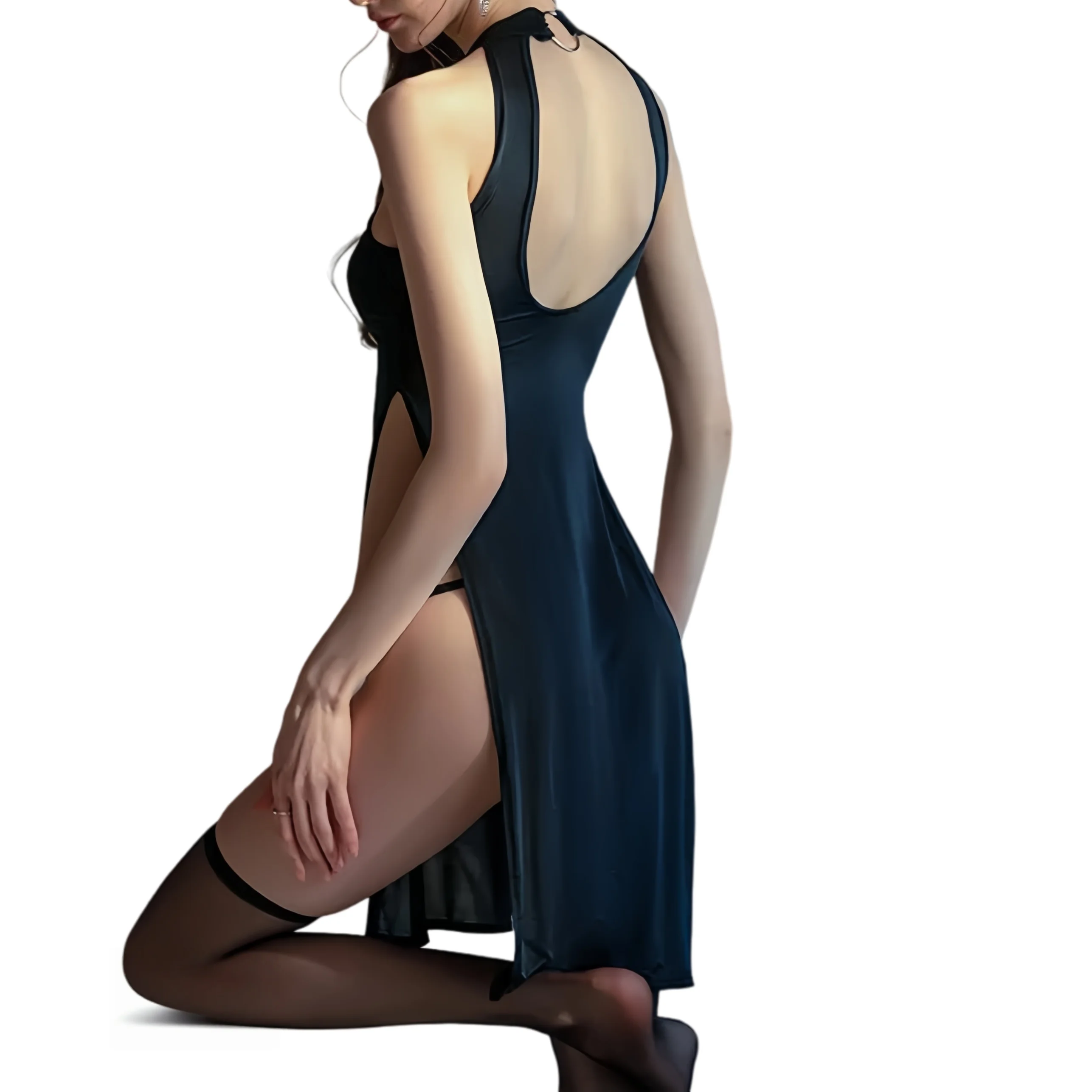NEW fashion Women's Cheongsam Black Backless Sleeveless Bandage High Split Silk Dresses Sexy Bodycon Long Mini Dress Plus Size
