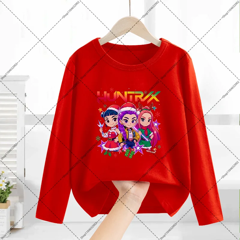 Kpop Demon Hunters Christmas Long Sleeves Boys Girls Thin Clothes Xmas Cartoon and Anime Pattern Printed T-shirt Festive Tops