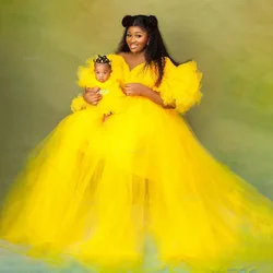 Extra Puffy Tulle Mother and Daughter Matching Dresses V Neck Ball Gown Mom and Me Evening Gown Family Look Photo Shoot Dress