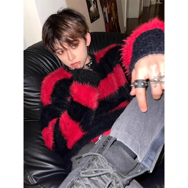 

Vintage Pullover Black Red Contrast Striped Sweater Fashion Versatile Knit HIP POP Mens Clothing High Quality Casual Jumper