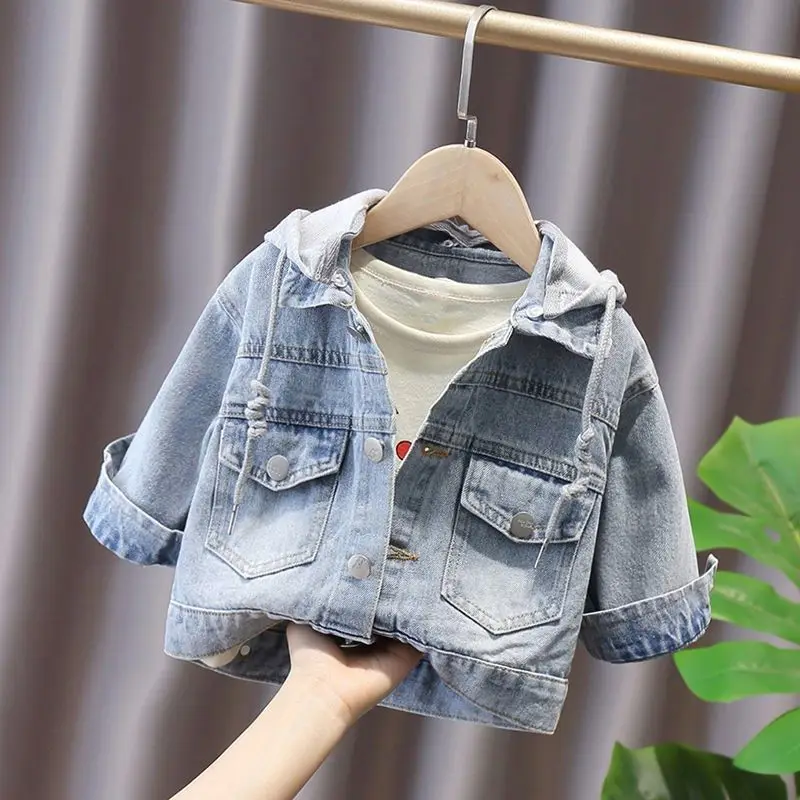 Spring and Autumn Children's Denim Coat Korean Version Boys and Girls Hooded Jacket Foreign Style Toddler Baby Jacket Top
