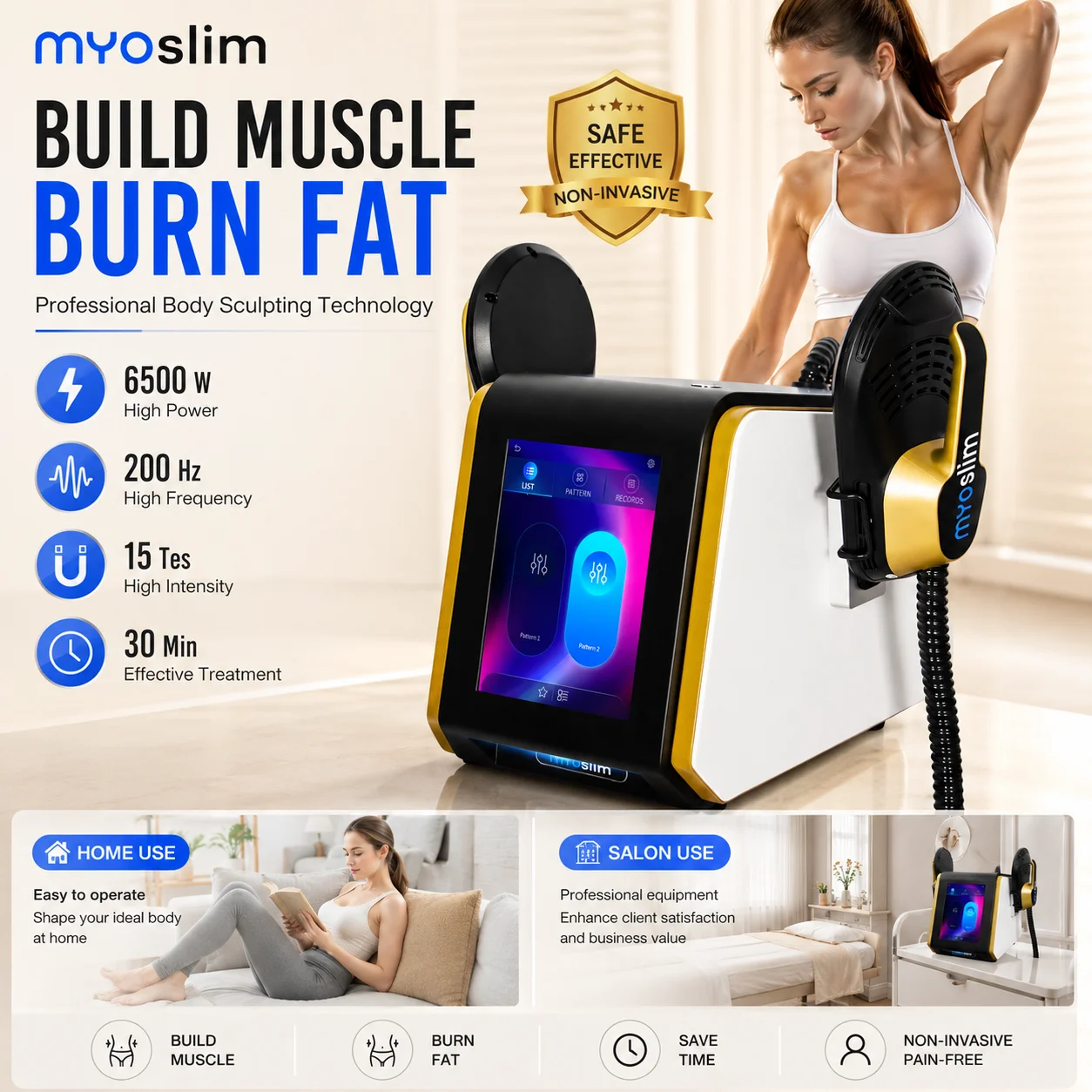 Portable MYOslim 6500W 15Tesla EMS Body Sculpt Machine for Home and Beauty Salon Use Body Contouring Muscle Building Equipment