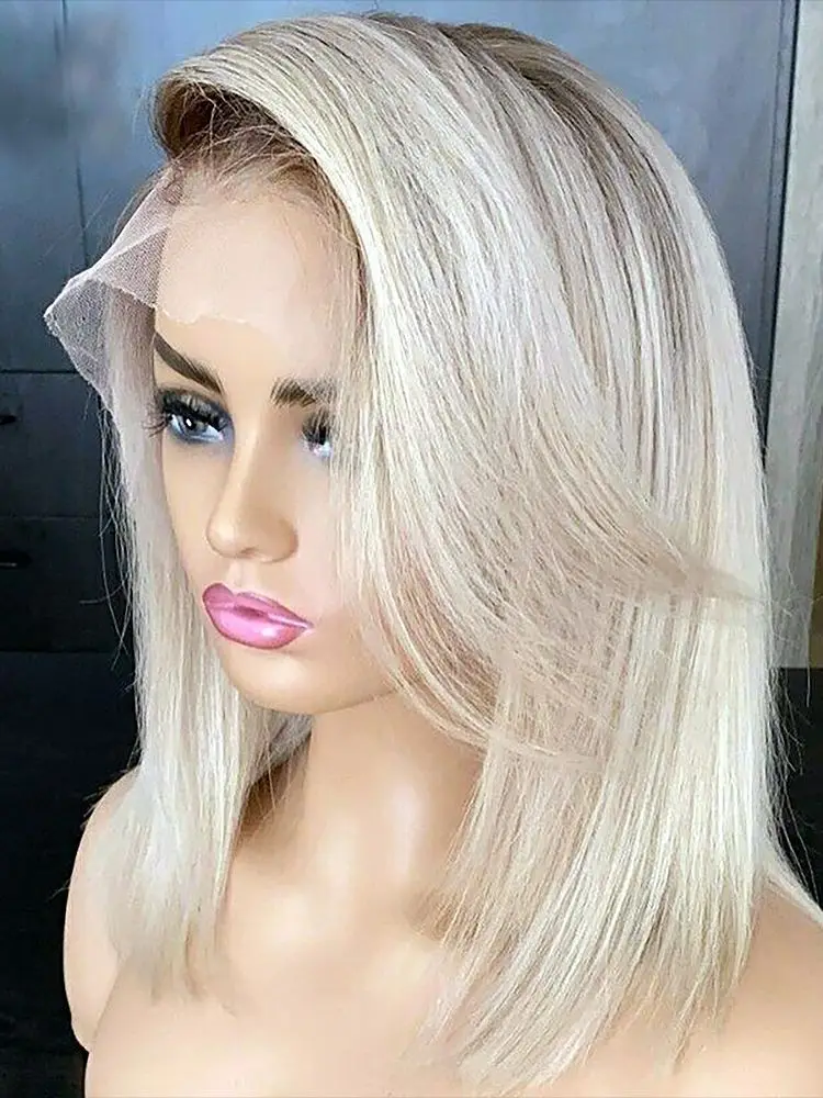 As Blonde Kleur Transparant 180% Dichtheid Volledig 13X4 Lace Frontale Pruik Menselijk Haar Blonde Korte Bob Menselijk Haar Pruik Voor Vrouwen