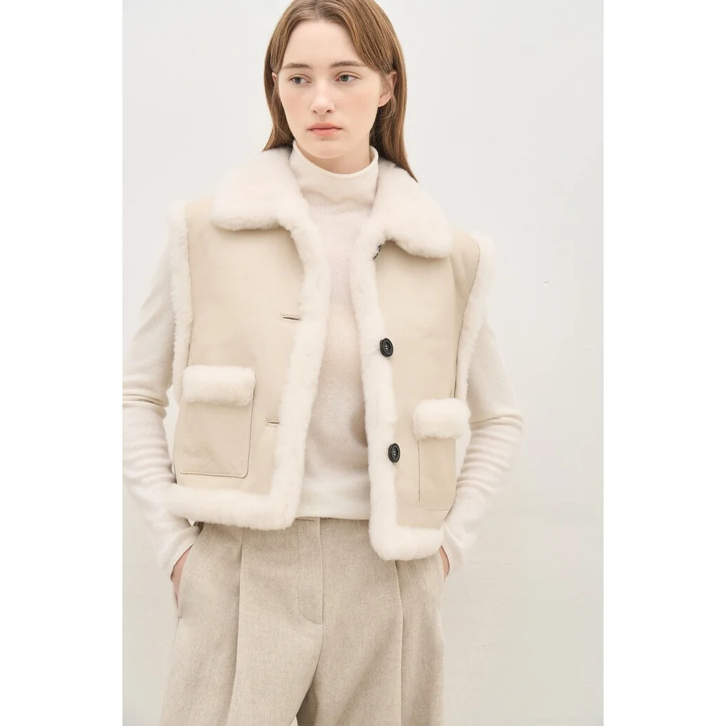Fur And Leather Short Vest Fluffy Soft Non-Shedding Collar Commute Versatile Top Short Outerwear Women's Warm  Color