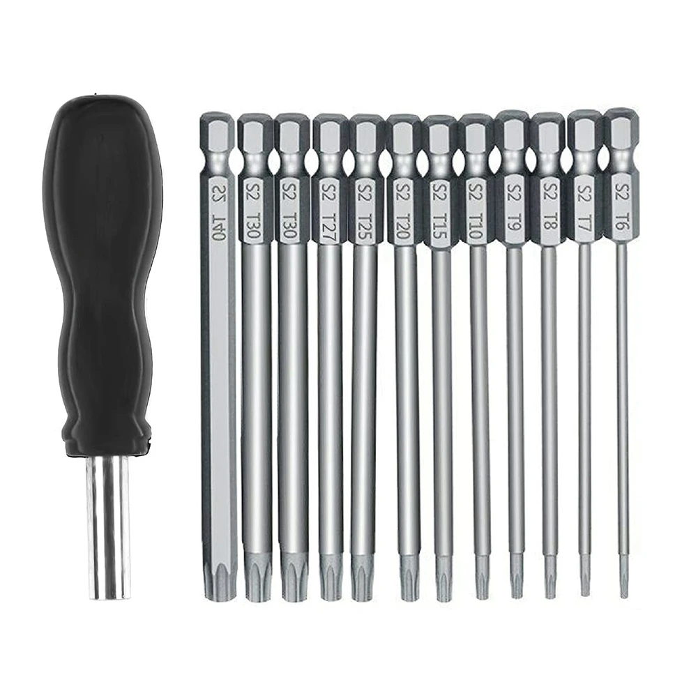 13Pcs 100mm Torx Long Screwdriver Bits Set, Magnetic Torx Bit Set T6-T40, 1/4 Inch Hex Electric Screwdriver Tools