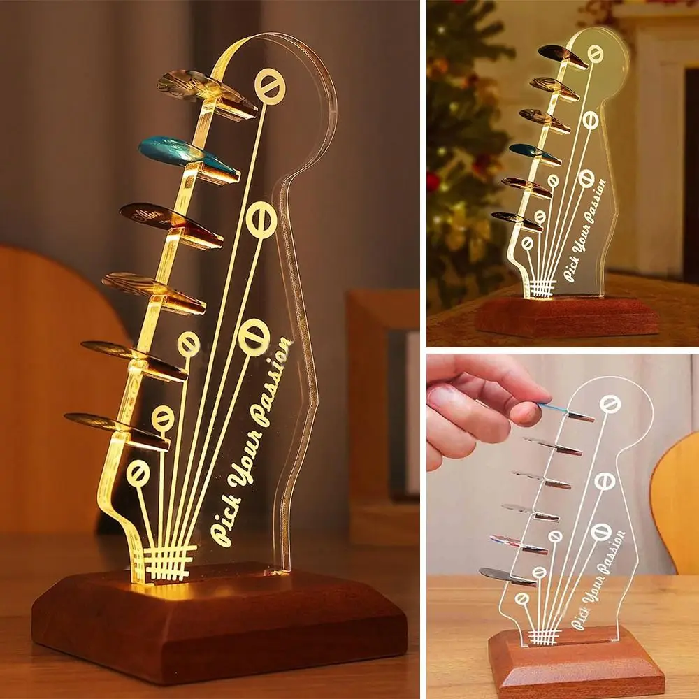 Acrylic Guitar Rack Storage Light Rack Wooden Base Guitar Accessories Picks Storage Rack with Night Light Headstock Shaped Bass