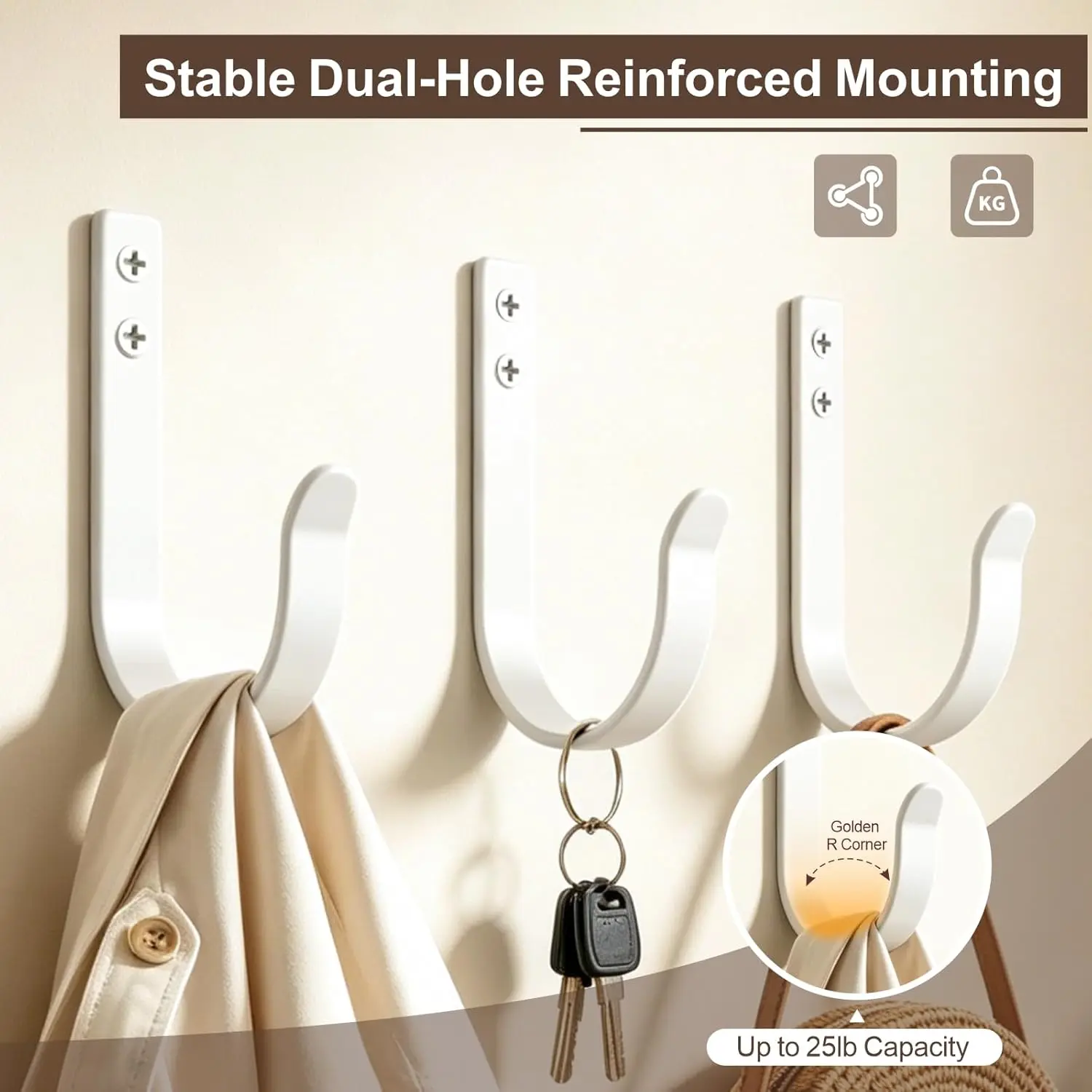 White towel hooks on bathroom walls, large heavy-duty multifunctional hooks, rust resistant spiral hooks, wardrobes, bedrooms