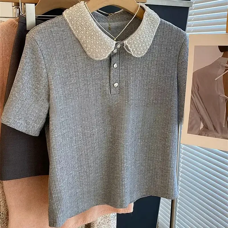 

Korean Nail Bead Design Polo Collar Shoulder Short Sleeved T-shirt for Women's Summer New Versatile Fashion Vintage Top