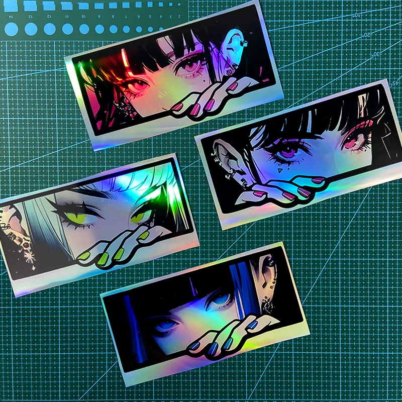 Reflective Laser Anime Peeking Eyes JDM Motorcycle Stickers Waterproof Motorbike Fuel Tank Electric Scooter Laptop Vinyl Decals