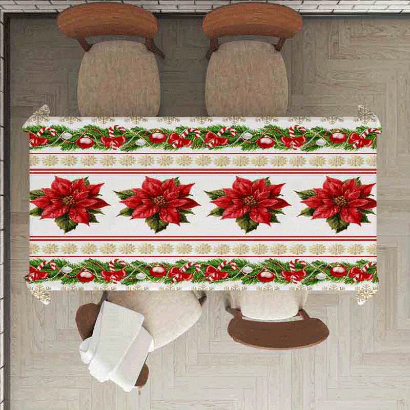 Festive Holiday Tablecloth, Poinsettia Pine Garland Print Waterproof Rectangular Cover for Buffet & Living Room Sideboard Decor