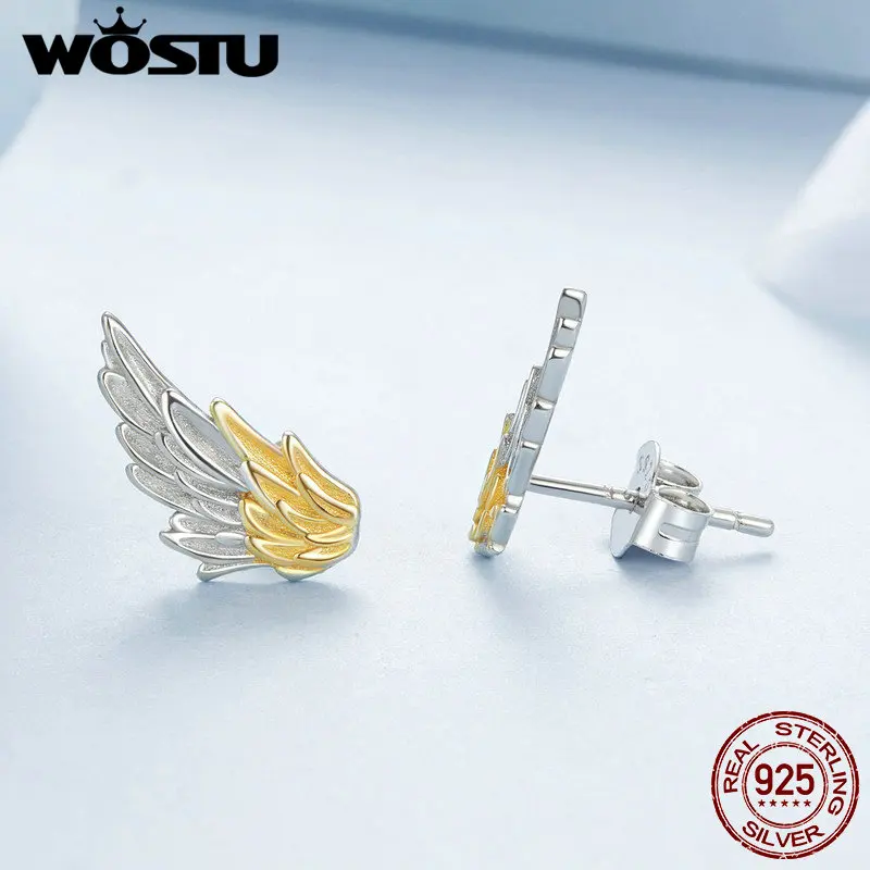 WOSTU Original 925 Sterling Silver Two tone Wing Stud Earrings Plated 14K Gold For Women Anniversary Party Gift Fine Jewelry