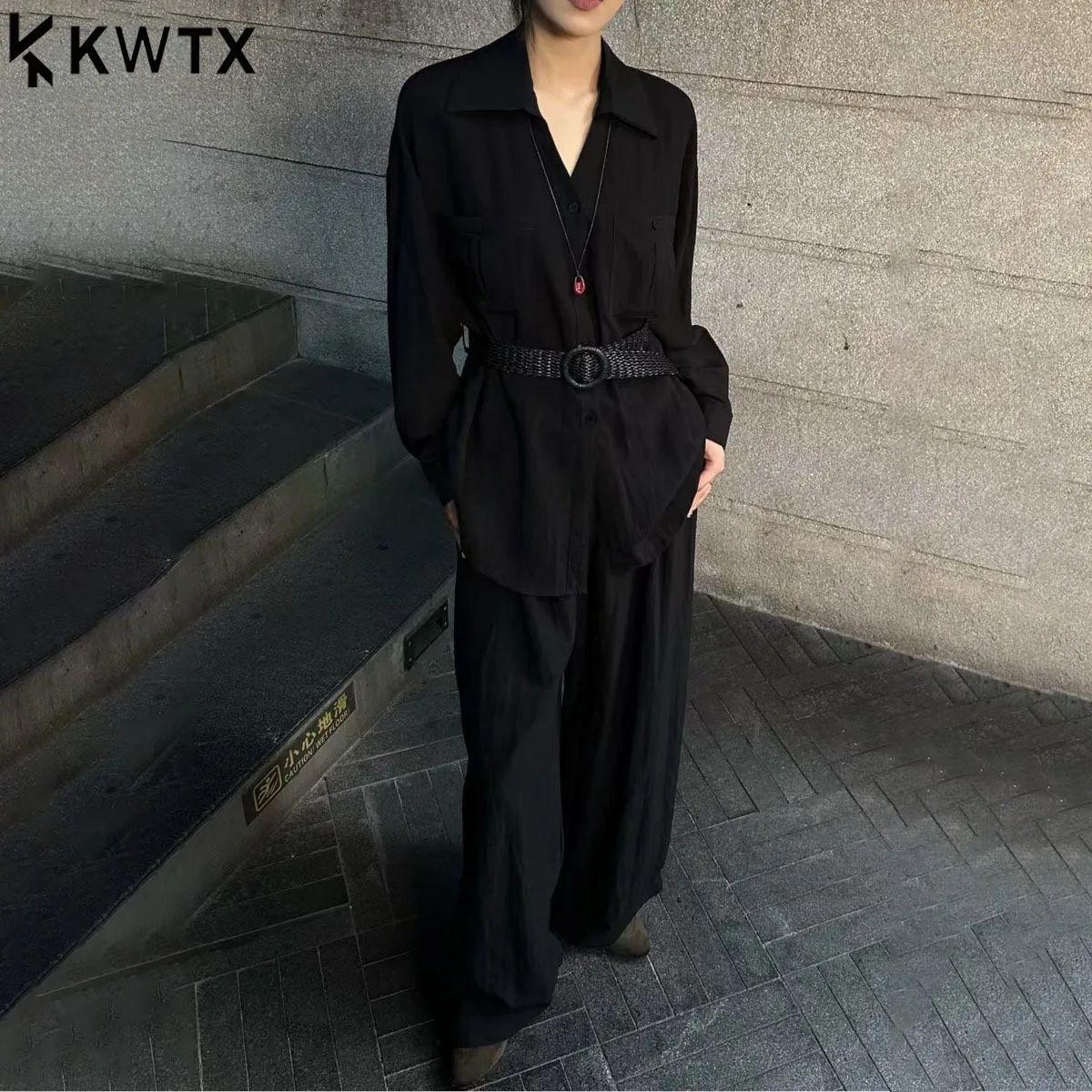 

KWTX Women's Casual Elegant Slim Fit Two-Piece Set Blouse Wide Leg Pants Lapel Waist Belt Premium Solid Color Spring Summer 2025